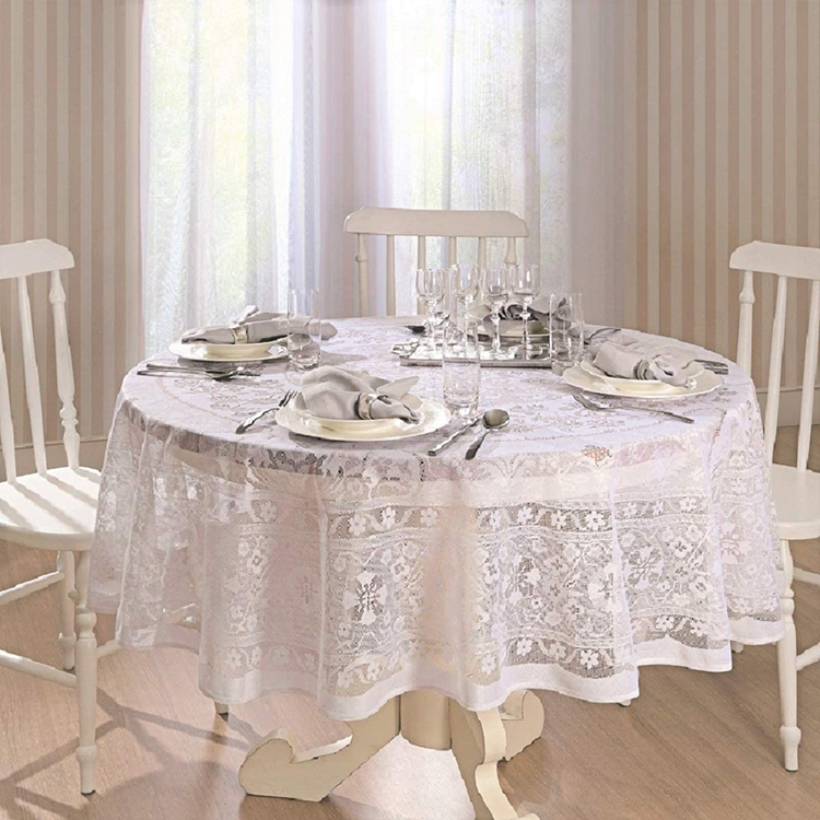 Witte elegante kanten hoes bloemen jacquard ronde tafelkleden stof voor huwelijksfeest