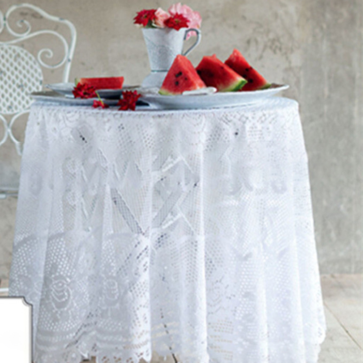 Aangepaste bloemen dineren polyester bruiloft witte jacquard effen ronde kant tafelkleed stof