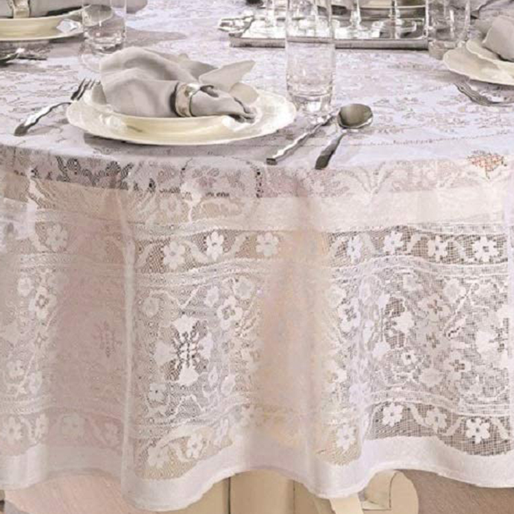 Witte elegante kanten hoes bloemen jacquard ronde tafelkleden stof voor huwelijksfeest