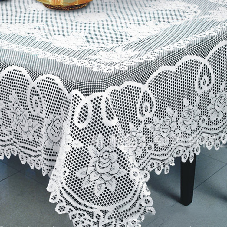 Aangepaste bloemen dineren polyester bruiloft witte jacquard effen ronde kant tafelkleed stof